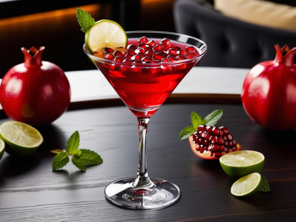 A pomegranate martini with fresh mint and lime on a sleek black table.