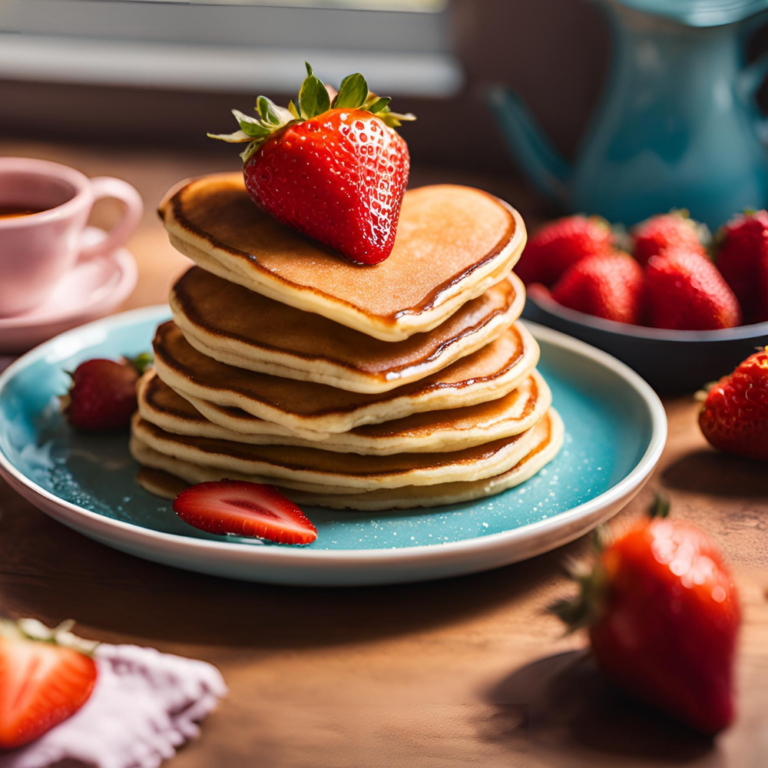 A tall stack of heart-shaped pancakes topped with a whole strawberry on a teal plate, surrounded by fresh strawberries and coffee.