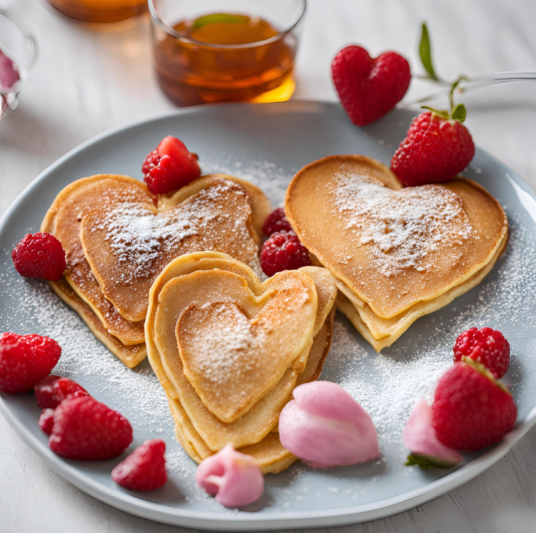 Heart-shaped pancakes dusted with powdered sugar, surrounded by raspberries and pink rose petals on a gray plate.