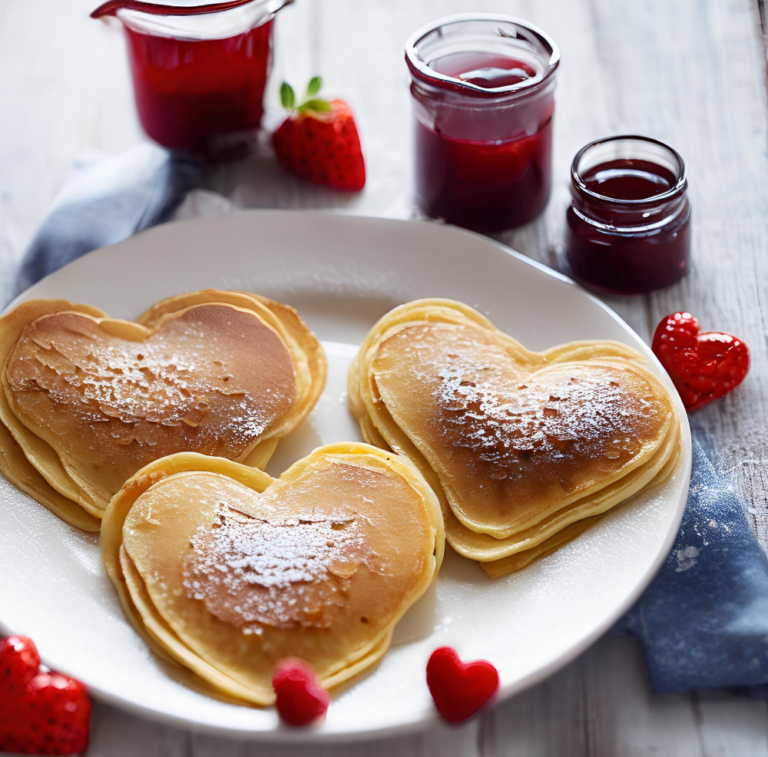 Three golden heart-shaped pancakes dusted with powdered sugar on a white plate with small jars of raspberry syrup and strawberries.