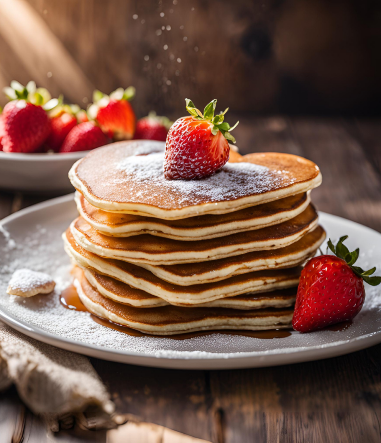 A tall stack of heart-shaped pancakes drizzled with syrup and topped with fresh strawberries on a rustic wooden table.