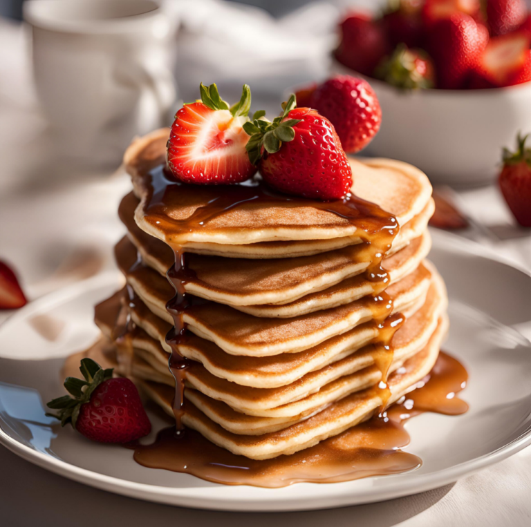 A tall stack of heart-shaped pancakes topped with fresh strawberries and drizzled with syrup on a white plate.