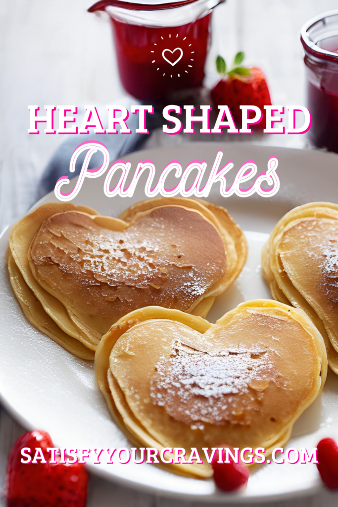 Heart-shaped pancakes dusted with powdered sugar on a white plate, surrounded by strawberries and small jars of red syrup, with "Heart Shaped Pancakes" text overlay.