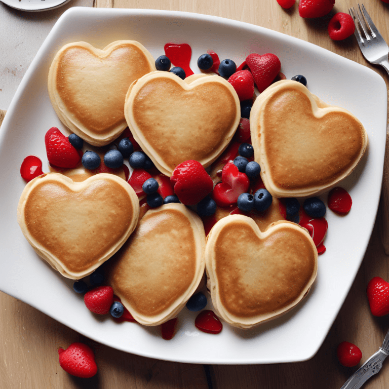 A plate of fluffy, golden heart-shaped pancakes topped with fresh berries, including strawberries, blueberries, and raspberries, perfect for a special breakfast or Valentine's Day treat.