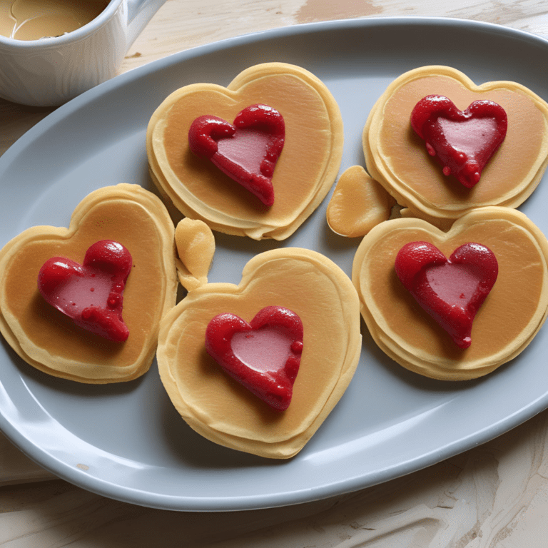 Heart-shaped pancakes topped with vibrant red heart-shaped strawberry slices, served on a white plate. Perfect for a special breakfast or Valentine's Day treat. Discover the recipe on Satisfy Your Cravings for a delightful start to your day.