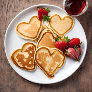 A plate of freshly made heart-shaped pancakes accompanied by ripe strawberries and a side of maple syrup, ready for a romantic breakfast treat.