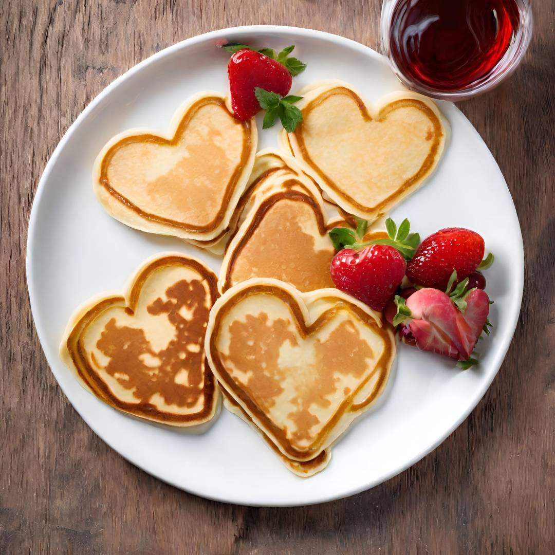 A plate of freshly made heart-shaped pancakes accompanied by ripe strawberries and a side of maple syrup, ready for a romantic breakfast treat.