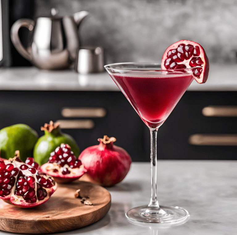 A single pomegranate martini garnished with pomegranate seeds and a lime wedge, set on a marble countertop with fresh pomegranates and seeds scattered around.