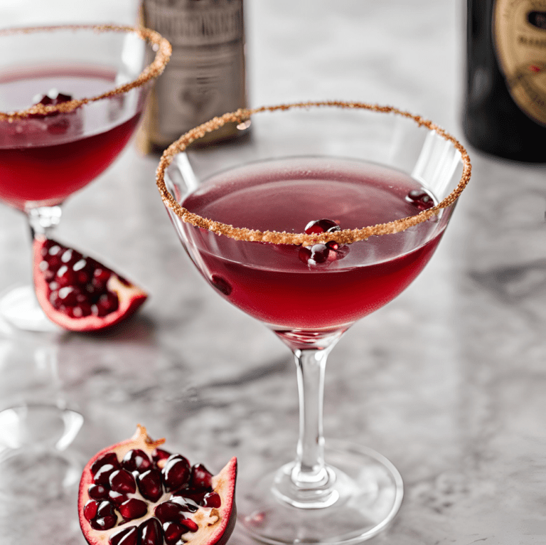 Two pomegranate martinis with sugar-rimmed glasses and pomegranate seeds, set on a marble countertop with a halved pomegranate in the background.