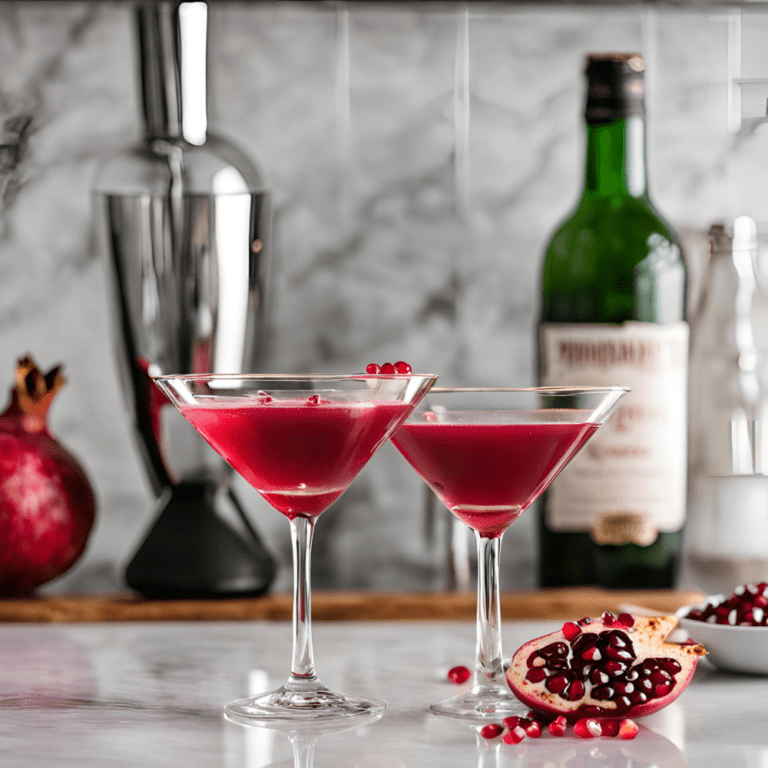 Two pomegranate martinis garnished with pomegranate seeds, set on a marble countertop with a bottle of alcohol, a cocktail shaker, and fresh pomegranate in the background.