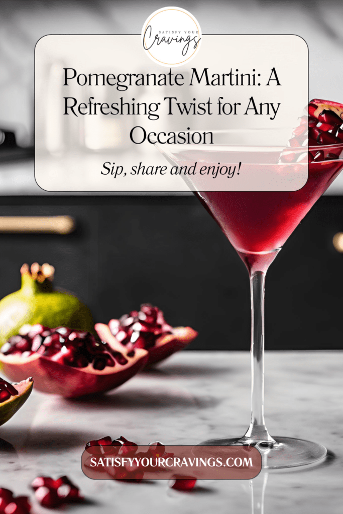 A beautifully garnished pomegranate martini with pomegranate seeds and a lime twist, set on a marble countertop with fresh pomegranates in the background.