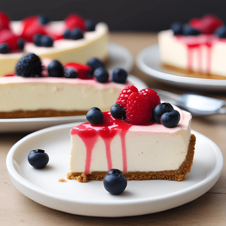 A slice of no-bake cheesecake topped with fresh raspberries and blueberries, with raspberry sauce drizzling down the sides, and a full cheesecake in the background.