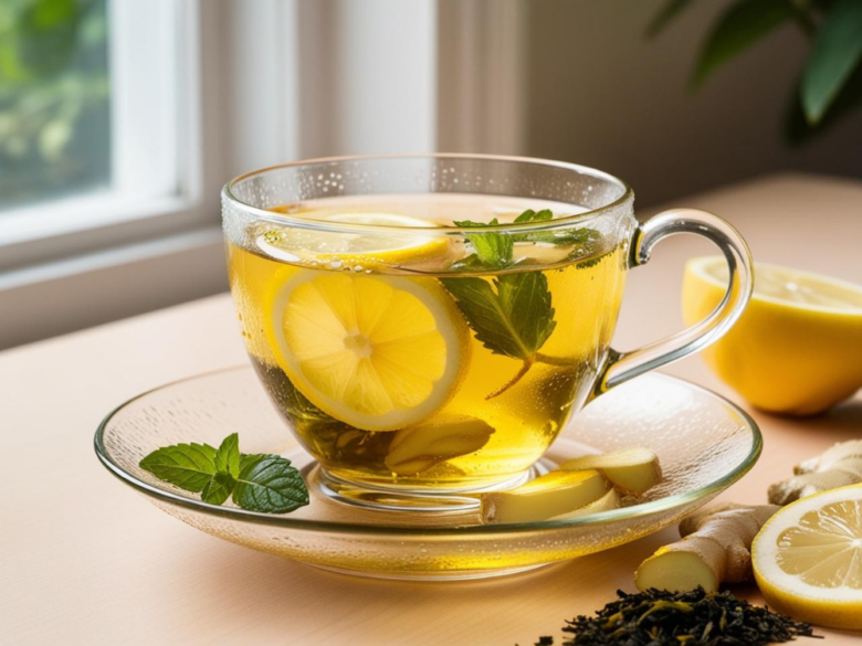 A cup of Lemon Ginger Green Tea with fresh lemon slices, mint, and ginger in a sunny kitchen setting.