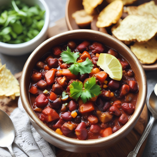 A rustic bowl filled with hearty vegetarian chili, garnished with fresh cilantro and a lemon wedge, with a bowl of chopped greens and tortilla chips in the background.