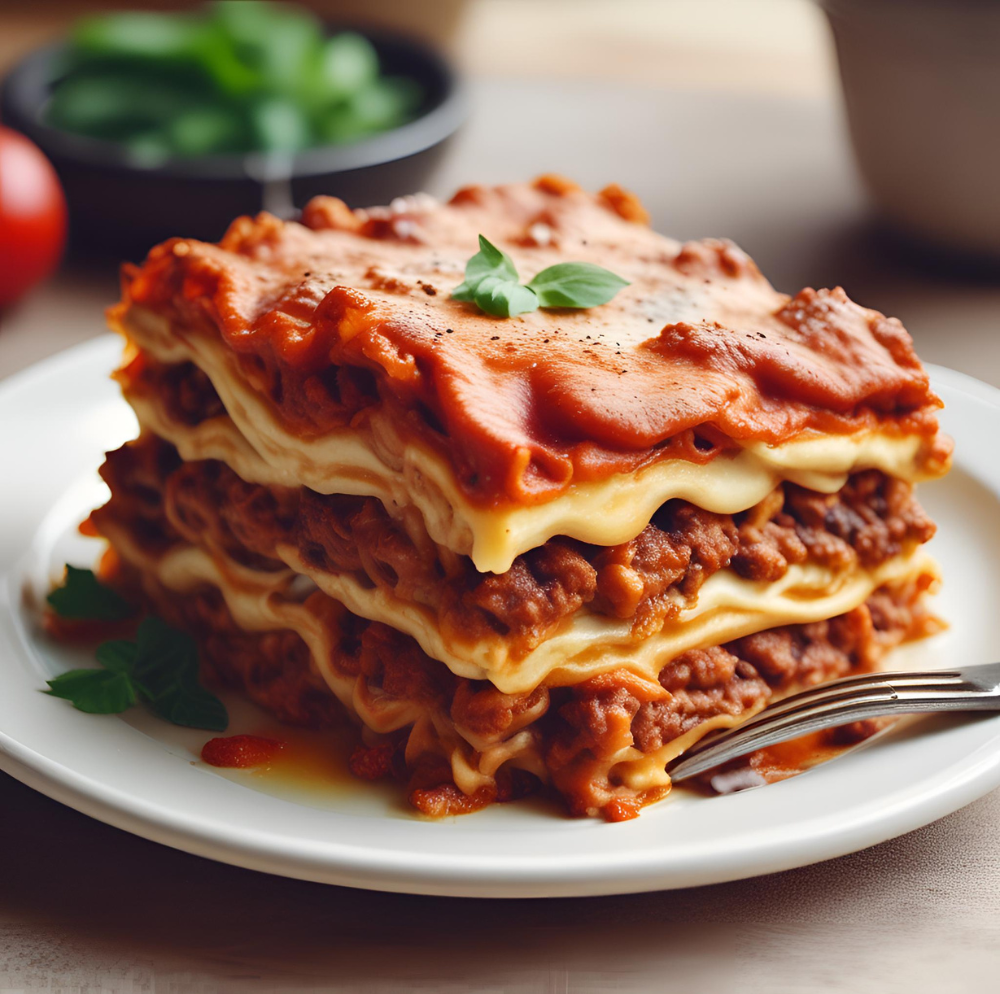 A close-up of a slice of homemade lasagna on a white plate, showing distinct layers of meat sauce, pasta, and melted cheese, garnished with fresh basil.