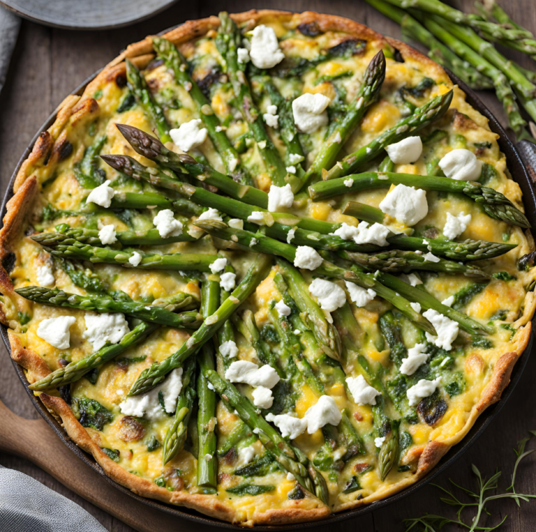 A close-up of a freshly baked Asparagus and Goat Cheese Frittata, garnished with asparagus spears and crumbled goat cheese, served in a rustic skillet.