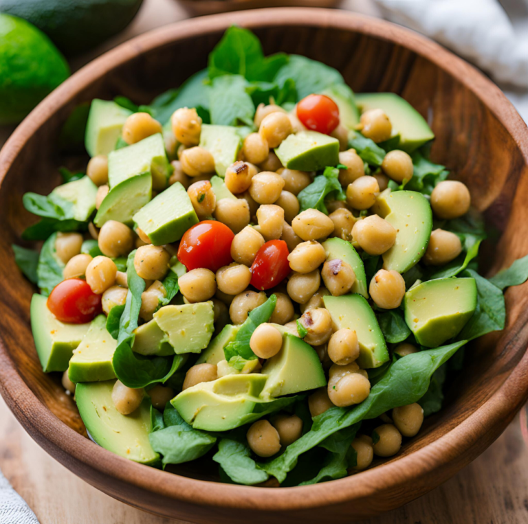 A wooden bowl filled with Avocado Chickpea Salad, featuring chickpeas, avocado, cherry tomatoes, and fresh greens.