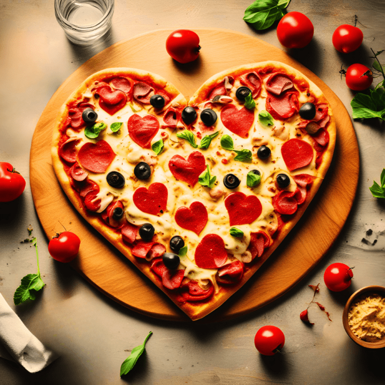 A heart-shaped pizza topped with heart-shaped pepperoni slices, mozzarella cheese, black olives, and fresh basil leaves, placed on a wooden board with fresh ingredients like tomatoes, basil, and grated cheese on a light-colored surface.