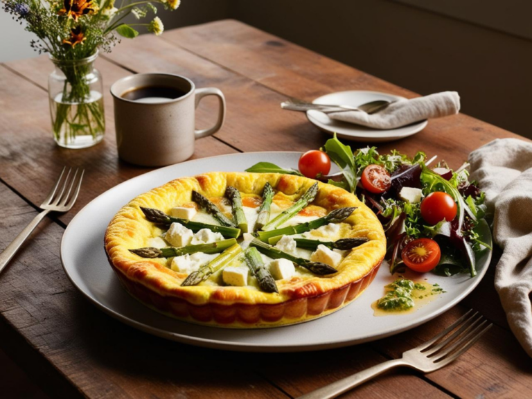 A rustic breakfast setup featuring an asparagus and goat cheese frittata alongside a fresh garden salad and a steaming cup of coffee.