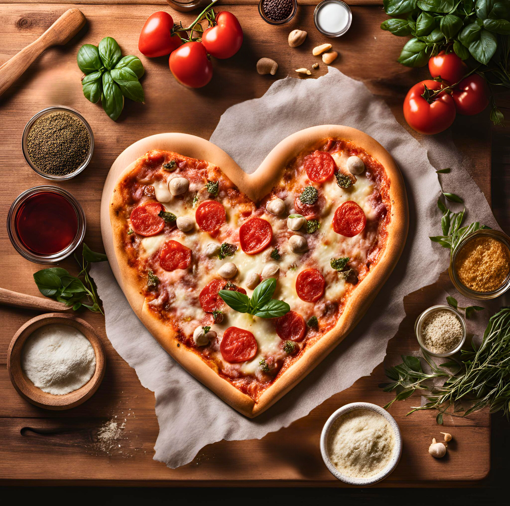 Heart-shaped pizza topped with pepperoni and cheese surrounded by fresh basil, tomatoes, and garlic on a rustic table.