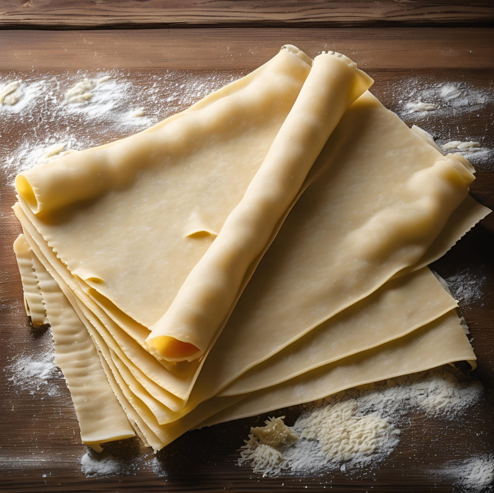 A stack of fresh homemade pasta sheets on a floured wooden surface, ready for lasagna.