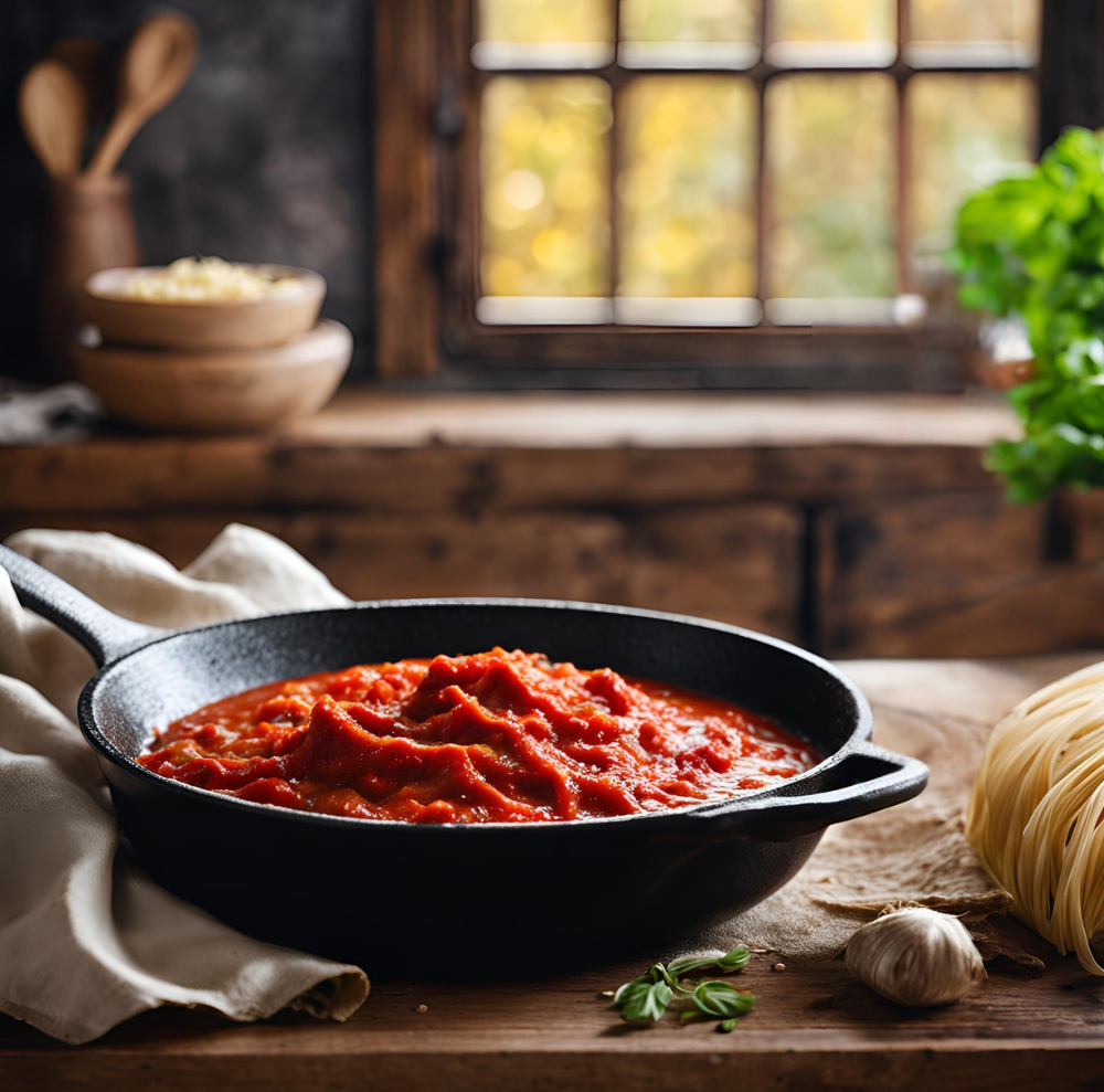A cast-iron skillet filled with rich, simmering homemade pasta sauce on a rustic countertop.