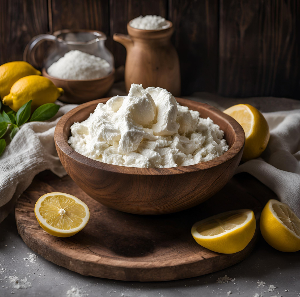 A wooden bowl filled with creamy homemade ricotta cheese, surrounded by lemons and salt.