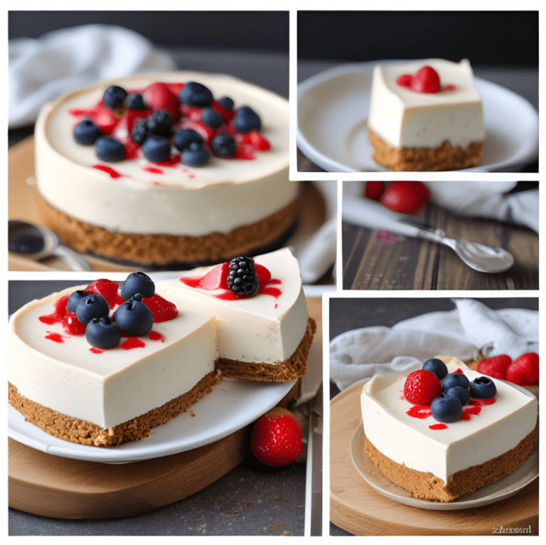 A slice of no-bake cheesecake topped with a layer of pink raspberry sauce and fresh blueberries and raspberries, with a full cheesecake in the background.