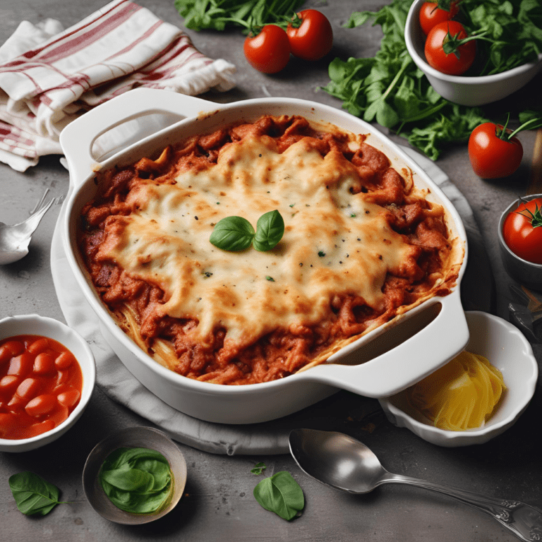 A freshly baked lasagna in a white baking dish, topped with melted cheese and garnished with basil, surrounded by fresh ingredients like tomatoes and basil leaves.