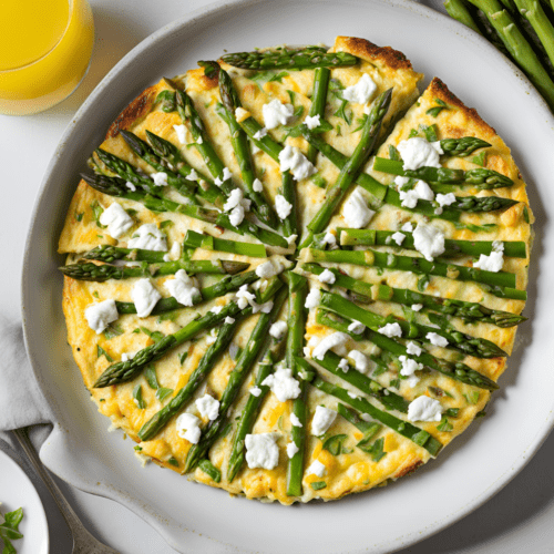 A whole Asparagus and Goat Cheese Frittata, garnished with asparagus spears and crumbled goat cheese, served in a skillet.