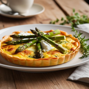 A golden asparagus and goat cheese frittata on a white plate, garnished with fresh asparagus spears.
