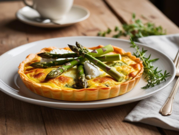 A golden asparagus and goat cheese frittata on a white plate, garnished with fresh asparagus spears.