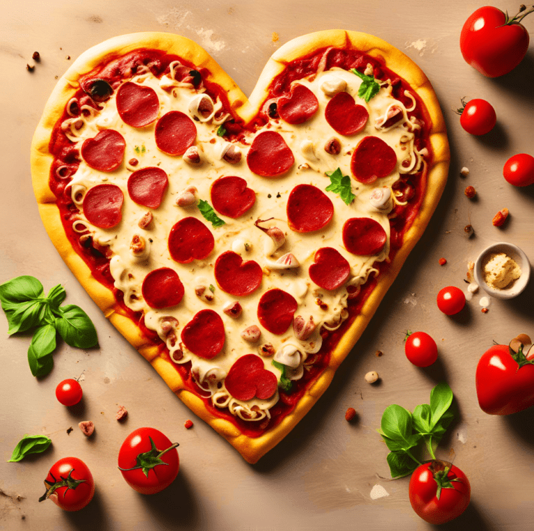 A heart-shaped pizza topped with heart-shaped pepperoni slices, mozzarella cheese, and fresh basil leaves, surrounded by fresh ingredients like tomatoes, basil, and garlic on a light-colored surface.