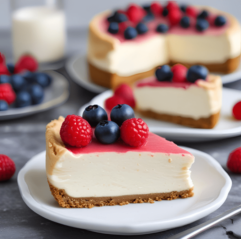 A slice of no-bake cheesecake with a layer of pink raspberry sauce and topped with fresh raspberries and blueberries, with more cheesecake slices in the background.