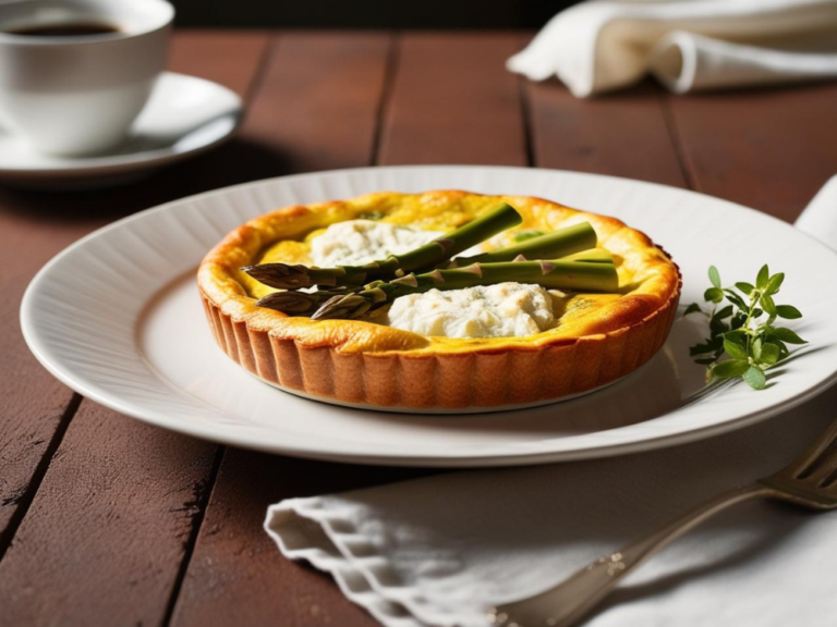 A side view of a golden asparagus and goat cheese frittata on a plate, accompanied by a cup of coffee.