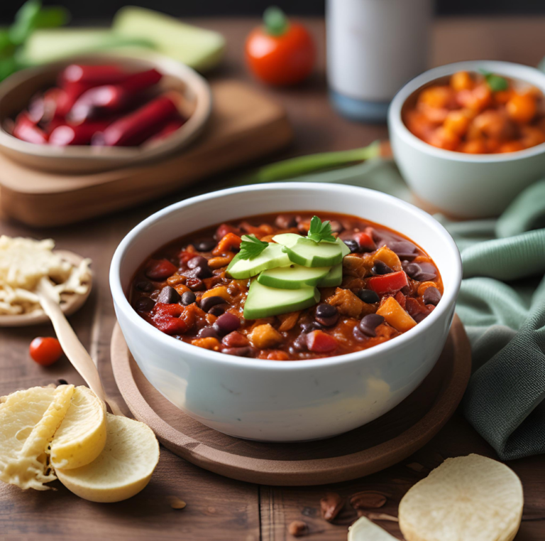 A white bowl filled with hearty vegetarian chili, topped with avocado slices and fresh cilantro, surrounded by fresh ingredients like lemon slices, cheese, and red peppers on a wooden table.