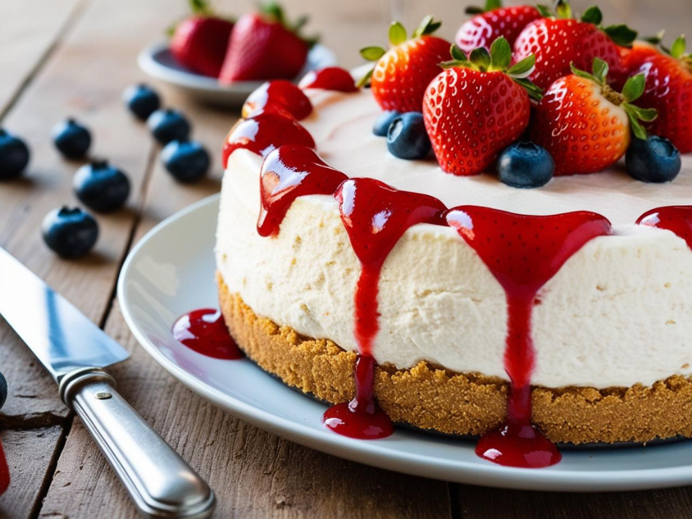 Close-up of a no-bake cheesecake with a graham cracker crust and strawberry sauce dripping over the sides.