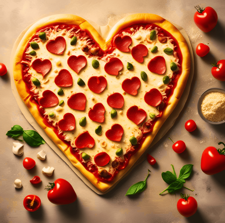 A heart-shaped pizza topped with heart-shaped pepperoni slices, mozzarella cheese, and fresh basil leaves, surrounded by fresh ingredients like tomatoes, basil, and cheese on a light-colored surface.