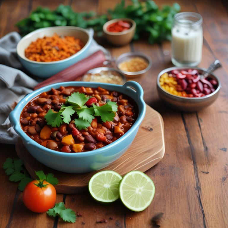 A blue bowl of hearty vegetarian chili garnished with fresh cilantro, surrounded by fresh ingredients like limes, tomatoes, and a variety of beans on a wooden table.