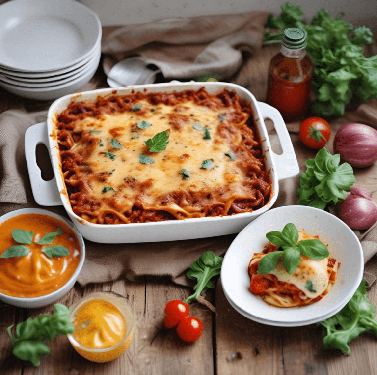 A freshly baked homemade lasagna in a white baking dish, garnished with basil leaves, accompanied by a serving of lasagna on a white plate, surrounded by fresh ingredients like tomatoes, onions, and lettuce.