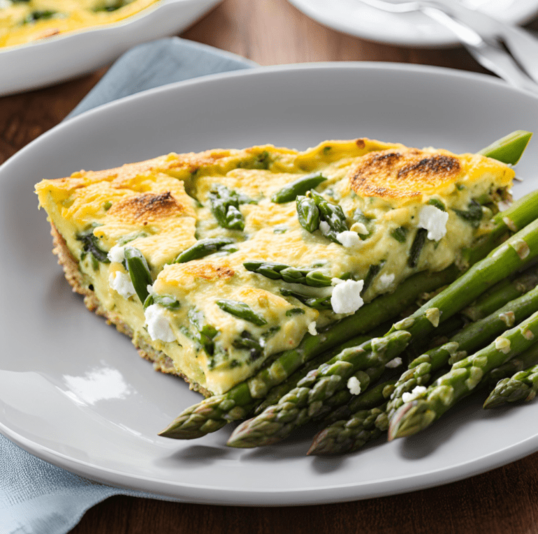 A slice of Asparagus and Goat Cheese Frittata served on a white plate, garnished with fresh asparagus spears.