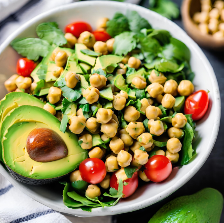 A bowl of Avocado Chickpea Salad with halved avocado, chickpeas, cherry tomatoes, and fresh cilantro.