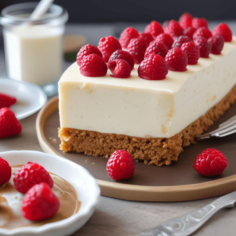 A slice of no-bake cheesecake topped with fresh raspberries on a graham cracker crust, presented on a wooden plate with more raspberries and a small bowl of caramel sauce in the background.