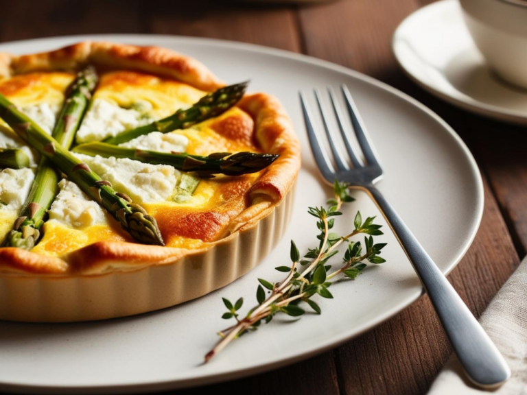 Close-up of an asparagus and goat cheese frittata on a plate with thyme garnish and a fork.