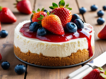 Side view of a no-bake cheesecake topped with strawberries, blueberries, and glossy strawberry sauce.