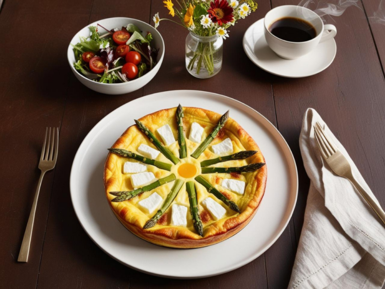 A full plate of asparagus and goat cheese frittata with a mixed greens salad and coffee on the side.