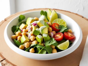 Avocado chickpea salad with red onions, lime wedges, and cilantro in a white bowl on a wooden table.