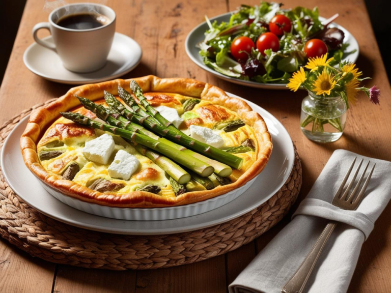 A close-up of an asparagus and goat cheese frittata topped with fresh asparagus and goat cheese chunks.