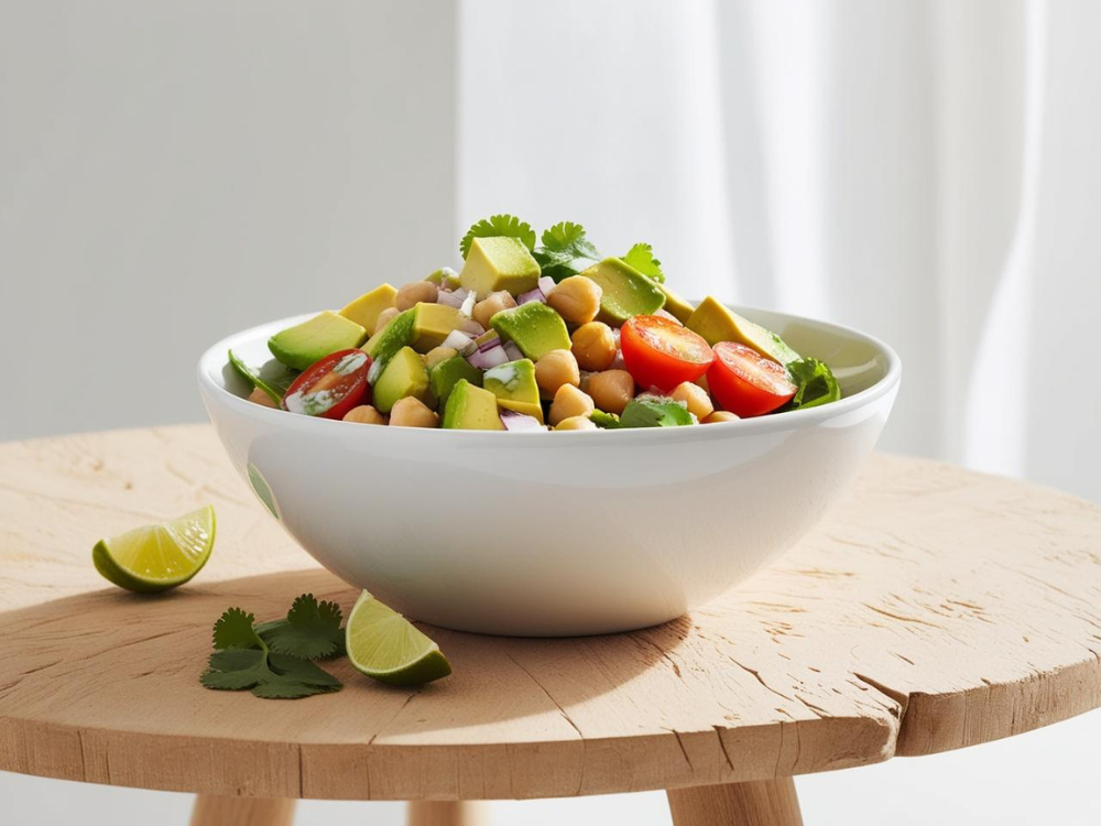 Avocado chickpea salad with creamy dressing and lime wedges on a light wooden surface.