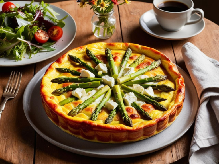 A baked asparagus and goat cheese frittata on a rustic table with salad and coffee.